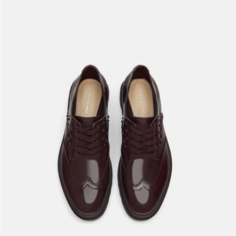 NWT Zara Platform Patent Faux Leather Derby Oxfords 38 7.5 Studs Burgundy Chunky